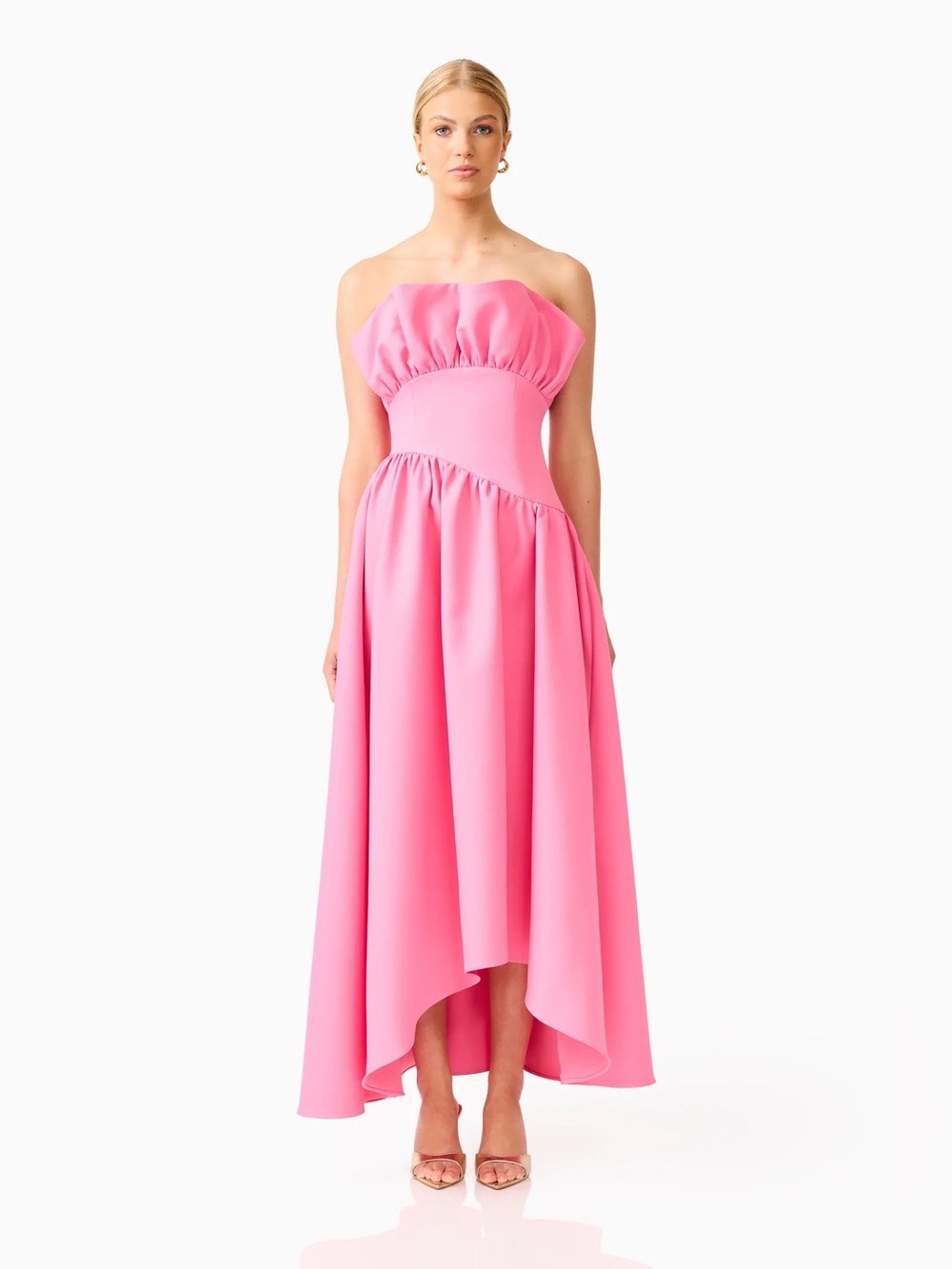 elliatt laurel pink ruffle bust boned strapless maxi gown dress size medium